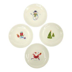Pier 1 Imports 6" Appetizer Plates 4 Christmas Holiday Santa Snowman Tree Gifts